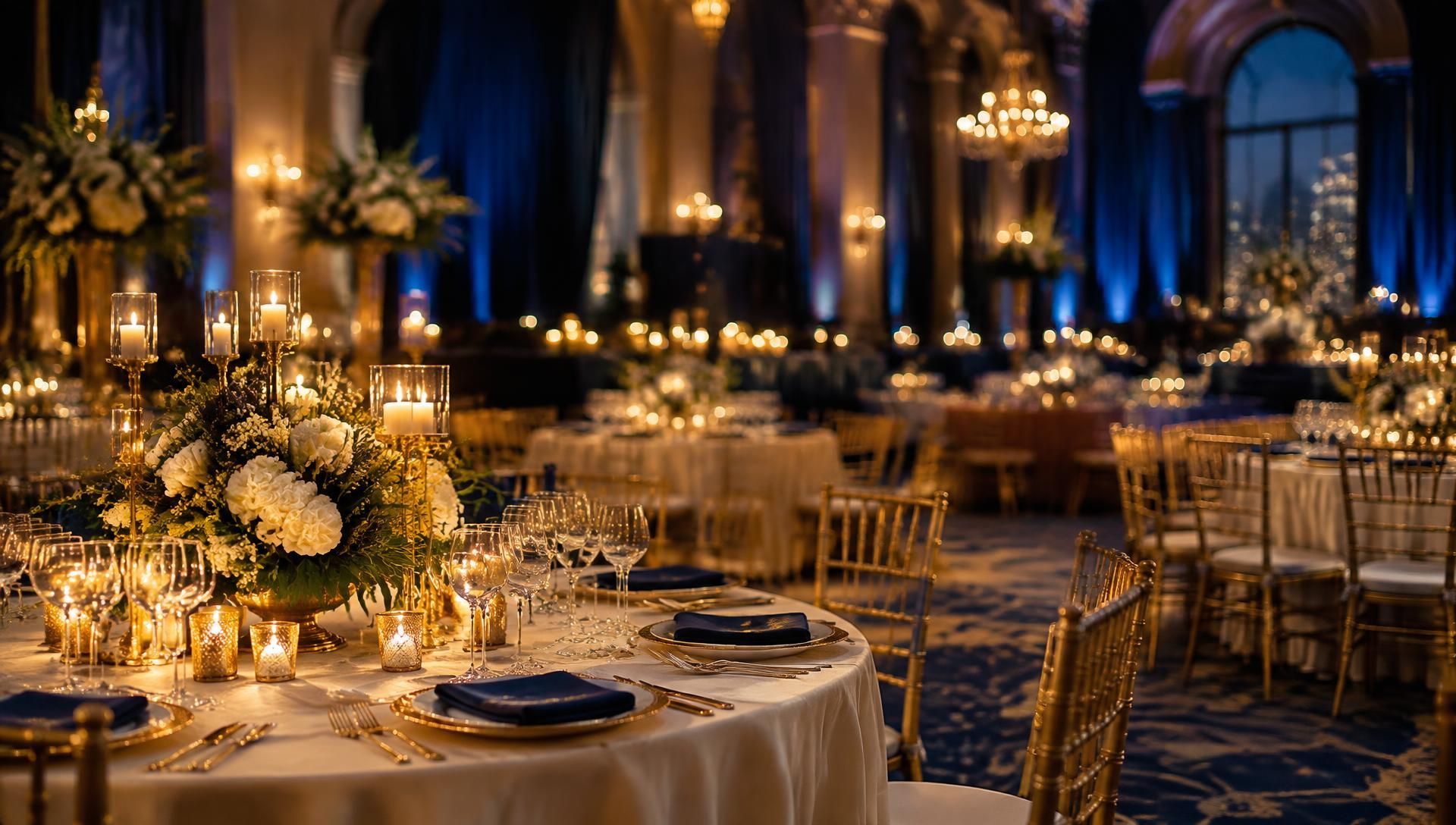 An elegantly set gala dinner in a grand venue